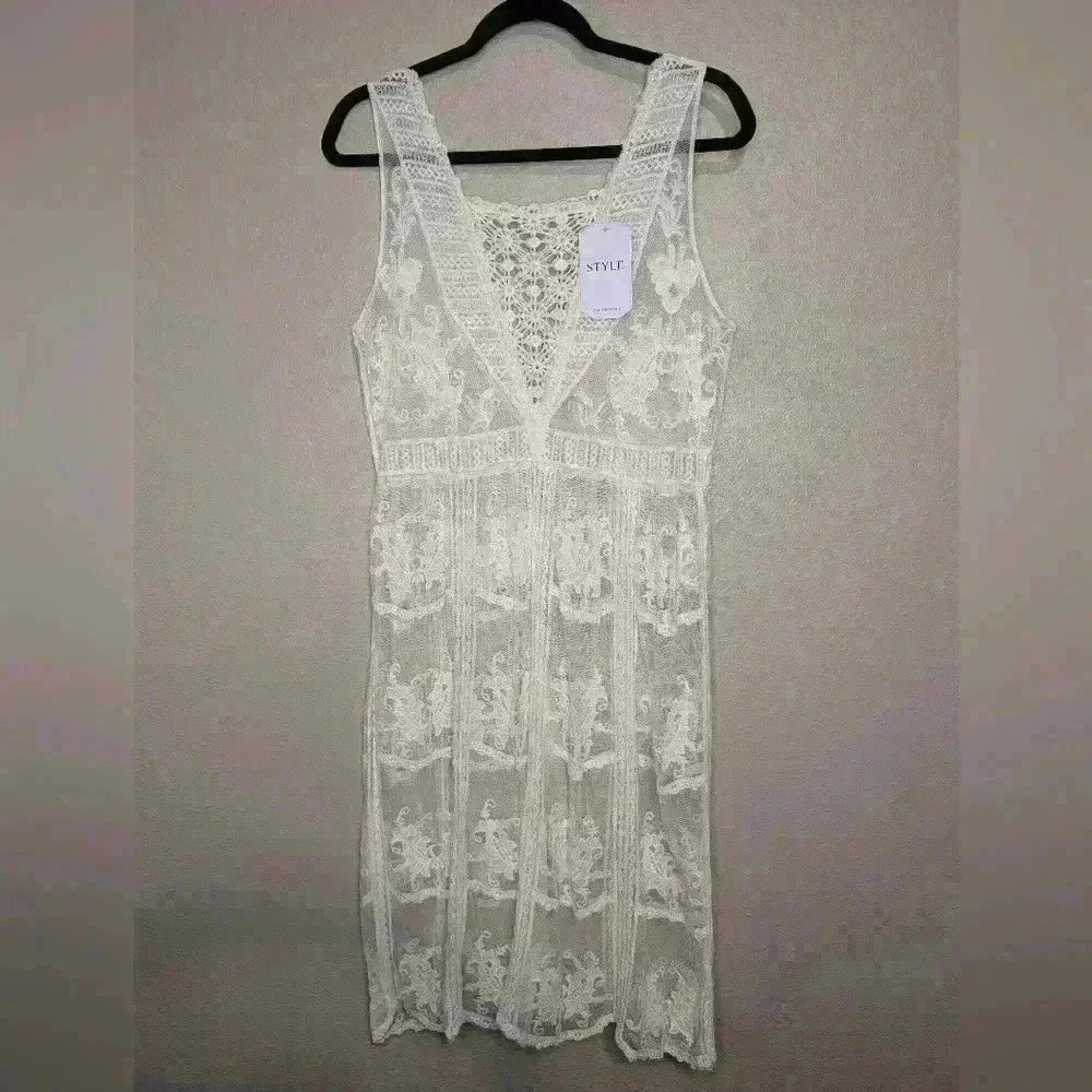 NWT My Style made in Italy white lace see-thru dress midi BOHO Beachy elegant - Picture 2 of 9